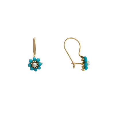 Turquoise & Pearl Flower Dangling Earrings (14K) Lucky Diamond New York