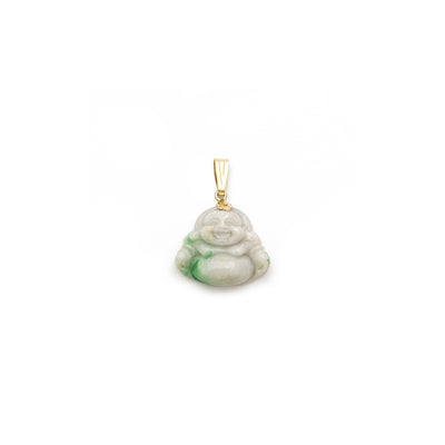 Front view of a Small Jade Buddha Pendant with a 14K yellow gold flower hook and bail