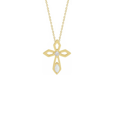 Diamond and Opal Pierced Cross Necklace yellow (14K) front - Lucky Diamond - New York