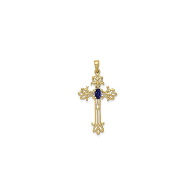 Oval Blue Sapphire Fleur de Lis Cross Pendant (14K) front - Lucky Diamond - New York