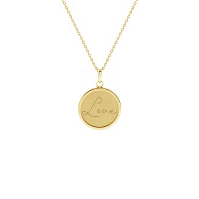 Script Font Love Engraved Medallion Necklace yellow (14K) front - Lucky Diamond - New York
