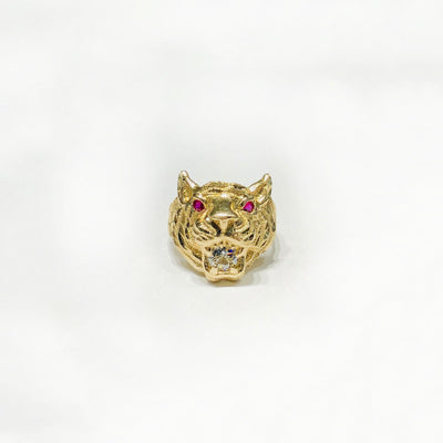 Golden Tiger Head Cubic Zirconia Ring (14K) front - Lucky Diamond - New York