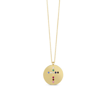 Multi-Color Gemstones and Diamond Cross Medal Necklace (14K) main - Lucky Diamond - New York