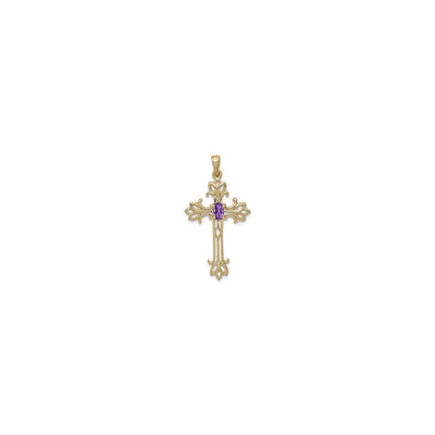 Oval Purple Stone Fleur De Lis Cross Pendant (14K) front - Lucky Diamond - New York