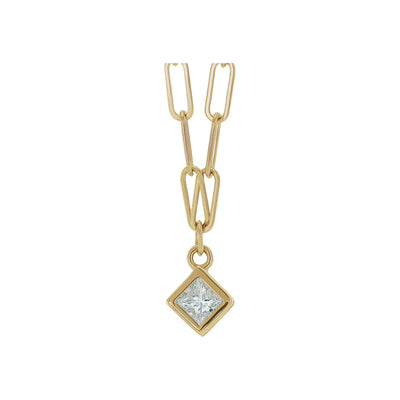 Square Diamond Bezel Solitaire Paperclip Necklace (14K) front - Lucky Diamond - New York