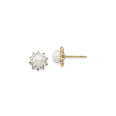 White Pearl CZ Halo Stud Earrings (14K) main - Lucky Diamond - New York