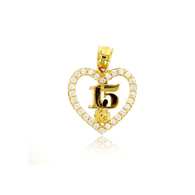 Yellow Gold 15 Heart & Rose Pendant (14K) - Lucky Diamond