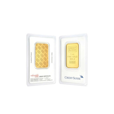 1oz-31.1g-Fine-Gold-24K-Credit-Suisse-Bar-Front-Back-Sealed-Assay-Certificate