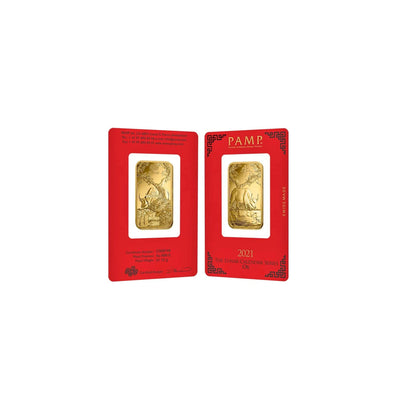 1 oz PAMP Suisse Chinese Lunar New Year of the Ox 牛 2021 Edition Gold Bar Front and Back View Sealed Card