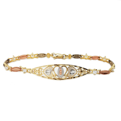 Cubic Zirconia Virgin Mary With Hearts Tri-Color Gold Bracelet (14K) front - Lucky Diamond - New York