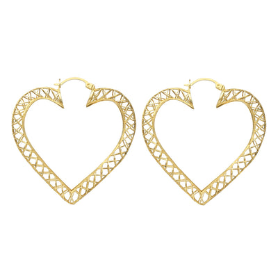 Hollow Mesh Textured Heart Hoop Earrings (14K) Lucky Diamond New York