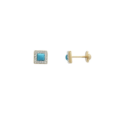 Zirconia & Blue Turquoise Square Stud Earrings (14K) - Lucky Diamond