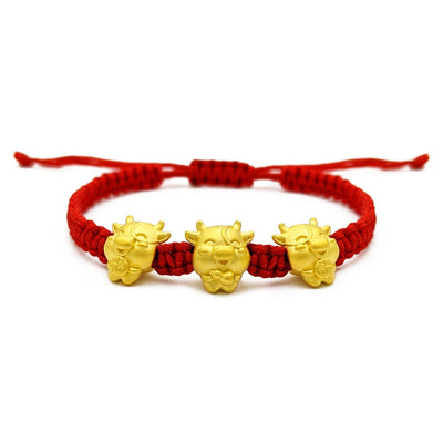 Fortune Ox Triplet Chinese Zodiac Red String Bracelet (24K) front - Lucky Diamond - New York