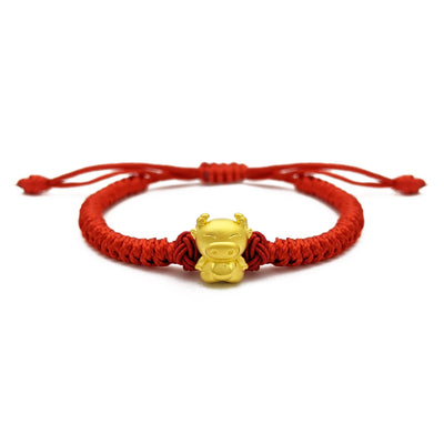 Happy Ox Chinese Zodiac Red String Bracelet (24K) front - Lucky Diamond - New York