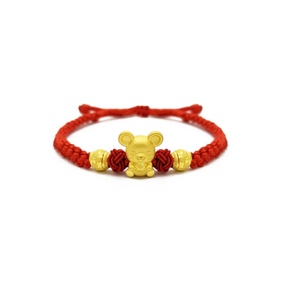 Lovely Rat with Ingot and Beads Chinese Zodiac Red String Bracelet (24K) front - Lucky Diamond - New York