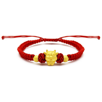 Lucky Ox with Beads Chinese Zodiac Red String Bracelet (24K) front - Lucky Diamond - New York