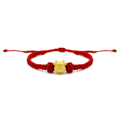 Smiley Kawaii Ox Face Chinese Zodiac Red String Bracelet (24K) front - Lucky Diamond - New York