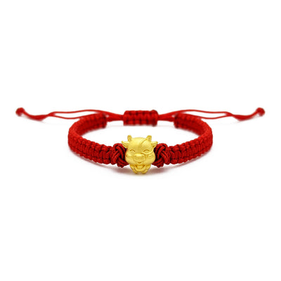 Smiley Ox with Ingot Chinese Zodiac Red String Bracelet (24K) front - Lucky Diamond - New York