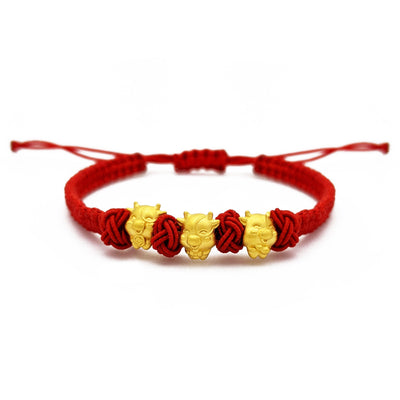 Triple Ox Chinese Zodiac Red String Bracelet (24K) front - Lucky Diamond - New York