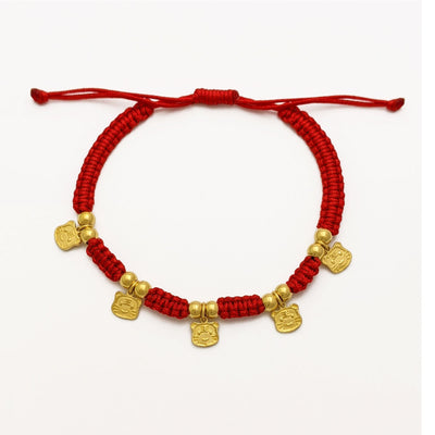 Tiger Face Emoji Quintuplet Chinese Zodiac Red String Bracelet (24K) front - Lucky Diamond - New York