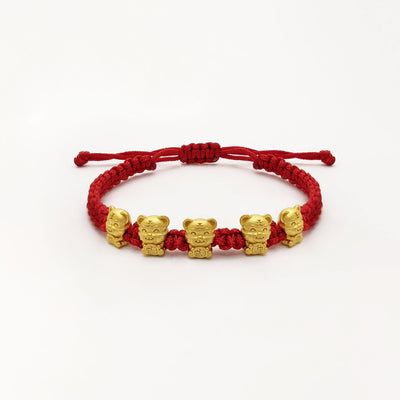 Tiger Quintuplet Chinese Zodiac Red String Bracelet (24K) front - Lucky Diamond - New York