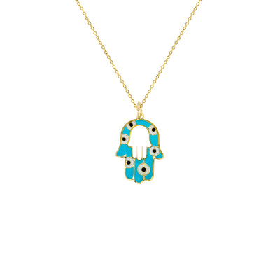 Light Blue Evil-Eye Hamsa Hand Fancy Necklace (14K) Lucky Diamond New York