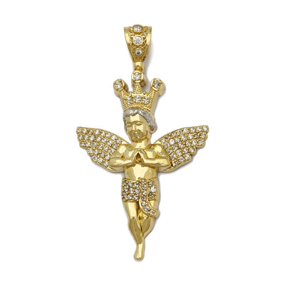 Iced-Out Crowned Baby Angel Pendant Large (14K) - front - Lucky Diamond - New York