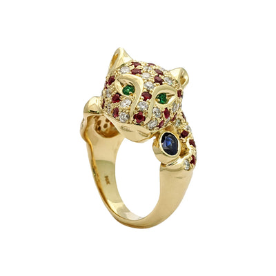 Magnificent Panther Diamond and Ruby Ring (14K) front - Lucky Diamond - New York
