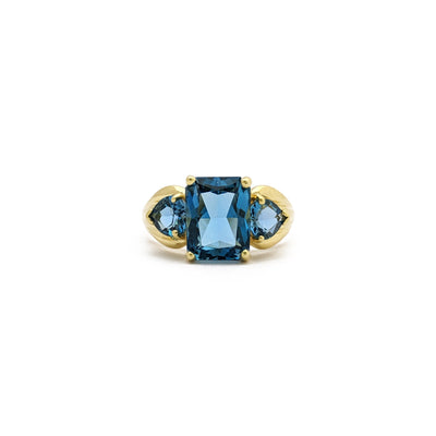 Radiant London Blue Hearted Three Stone Ring (14K) - front - Lucky Diamond - New York