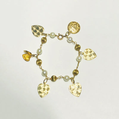 Vintage Heart Locket Charm Pearl Bracelet (14K) upper - Lucky Diamond - New York
