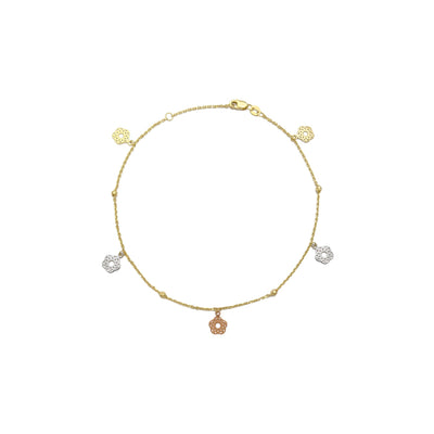 Lotus Tri-Color Flower Cable Anklet (14K) front - Lucky Diamond - New York
