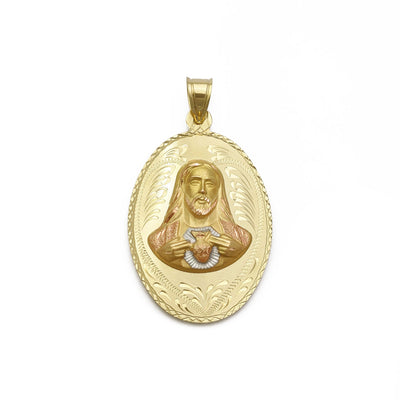 Reversible Sacred Heart of Jesus and Guadalupe Oval Pendant (14K) front - Lucky Diamond - New York