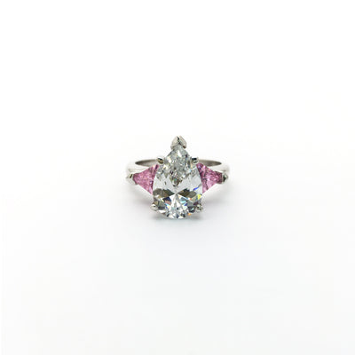 Pear-shaped and Pink Trillion Three Stone Engagement Ring (14K) front - Lucky Diamond - New York