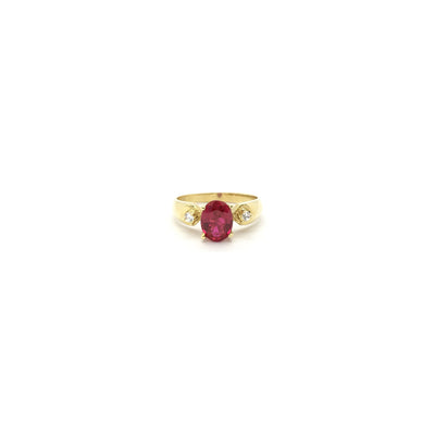 Oval Red CZ Three Stone Ring (14K) front - Lucky Diamond - New York