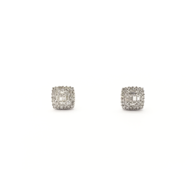 Baguette and Round Diamond Square Stud Earrings (14K) front - Lucky Diamond - New York