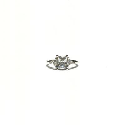 Emerald and Trillion CZ Three Stone Ring (14K) front - Lucky Diamond - New York