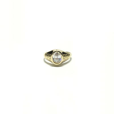 Oval CZ Greek Key Pattern Solitaire Ring (14K) front - Lucky Diamond - New York