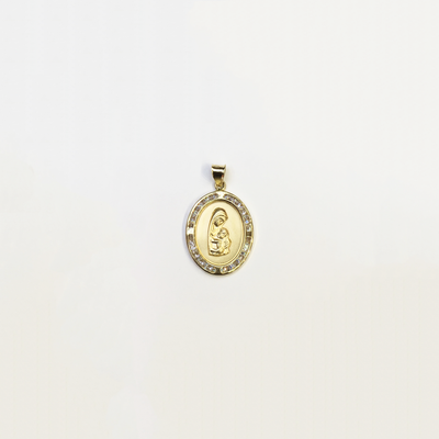 Virgin Mary CZ Oval Medallion Pendant (14K) front - Lucky Diamond - New York