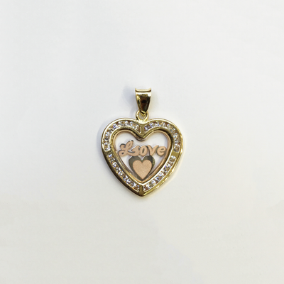 LOVE (Script Letter) Heart Frame CZ Pendant (14K) front - Lucky Diamond - New York