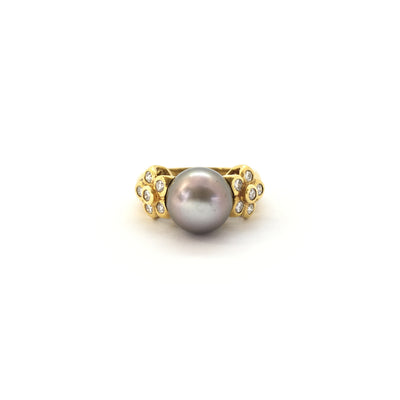 Grey Tahitian Pearl Diamond Bloom Ring (18K) front - Lucky Diamond - New York