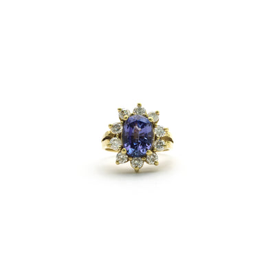 Oval Tanzanite Diamond Sunburst Halo Ring (18K) front - Lucky Diamond - New York