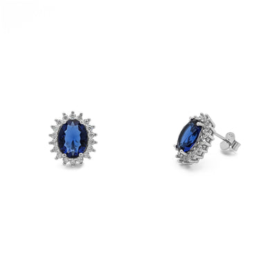 Blue Stone Oval-Cut Halo Stud Earrings (Silver) main- Lucky Diamond - New York
