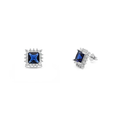 Blue Stone Princess-Cut Halo Stud Earrings (Silver) main - Lucky Diamond - New York
