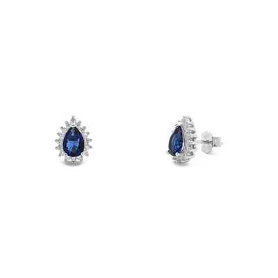 Blue Stone Teardrop Halo Stud Earrings (Silver) main - Lucky Diamond - New York