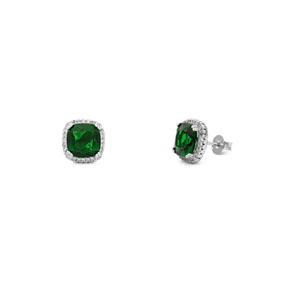 Green Radiant-Cut Cushion Halo Stud Earrings (Silver) main - Lucky Diamond - New York