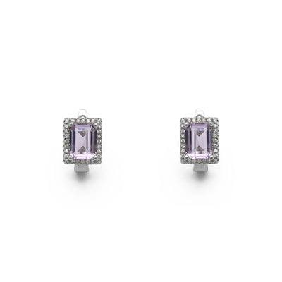 Lilac Emerald-Cut Halo Stud Earrings (Silver) front - Lucky Diamond - New York