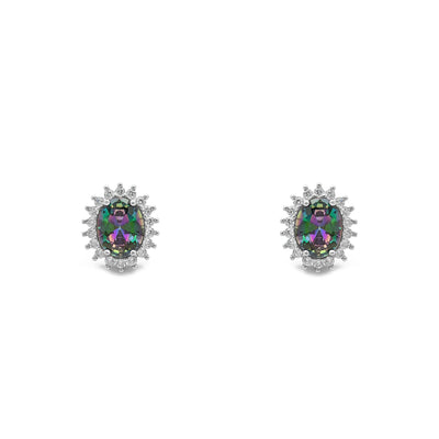 Mystic Fire Stone Oval-Cut Halo Stud Earrings (Silver) front - Lucky Diamond - New York