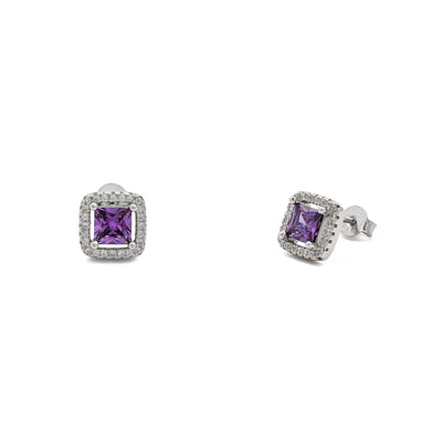 Purple Stone Princess-Cut Cushion Halo Stud Earrings (Silver) main - Lucky Diamond - New York