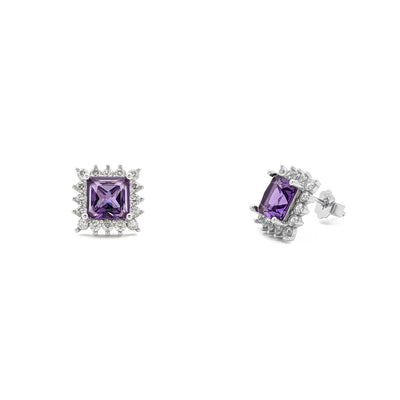 Purple Stone Princess-Cut Halo Stud Earrings (Silver) main - Lucky Diamond - New York