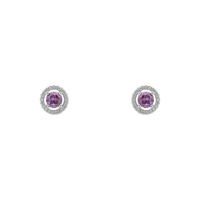 Purple Stone Round-Cut Halo Stud Earrings (Silver) front - Lucky Diamond - New York